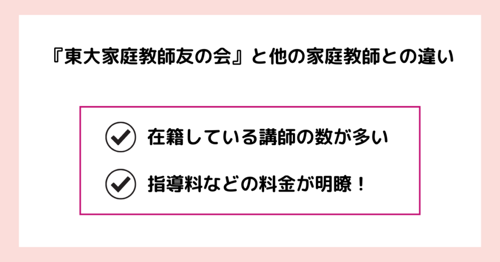 東大家庭教師友の会と他の家庭教師との違いをまとめた画像