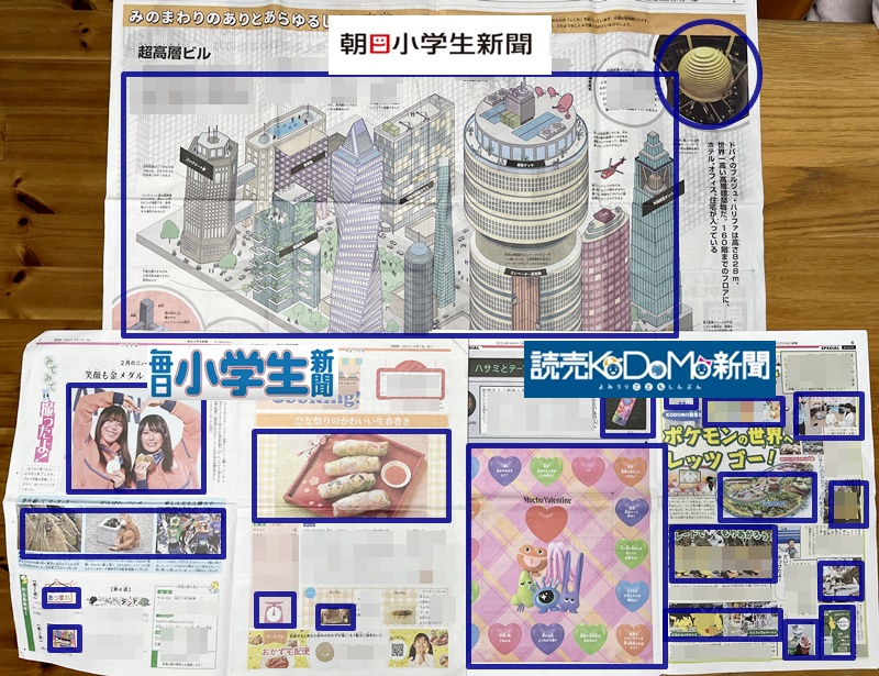 各新聞のイラストの多いページを比較した写真